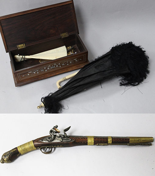 A Middle Eastern style replica flintlock pistol and sundry collectables